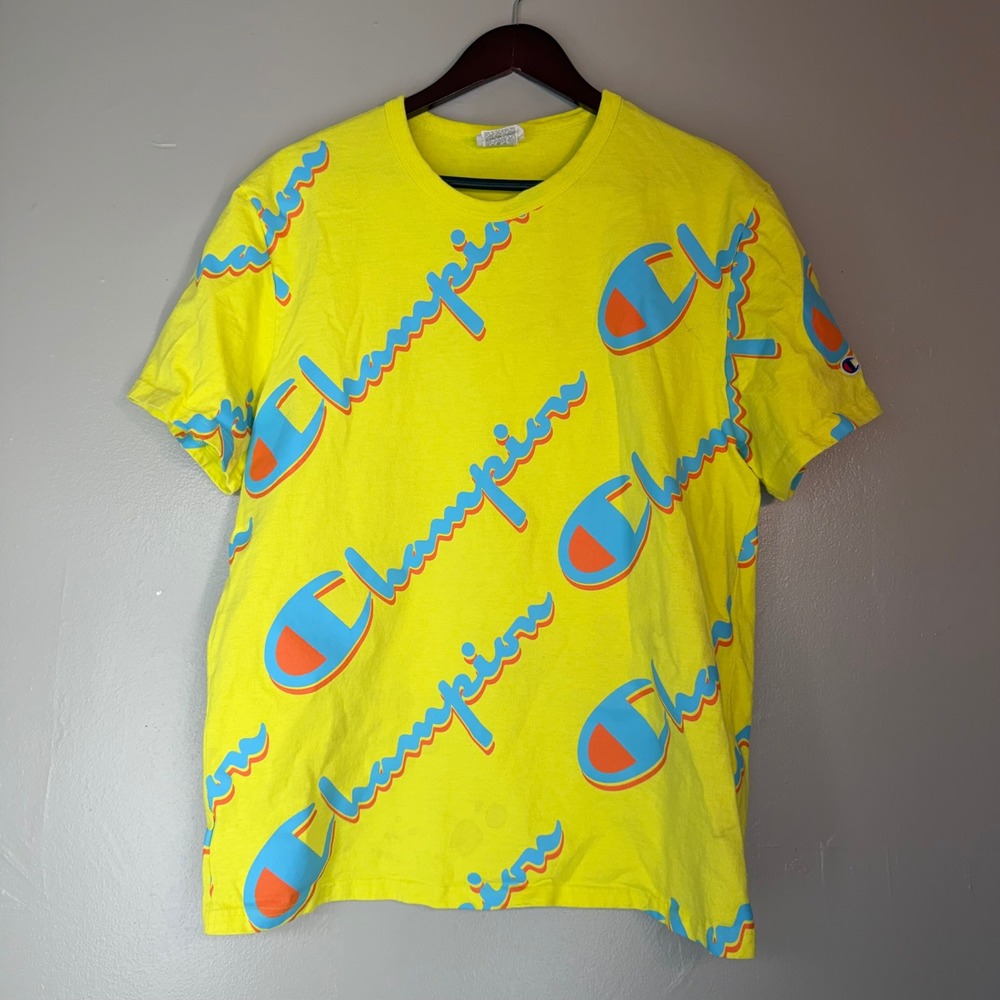 Champion Mens Neon Yellow All Over Print Script Logo Graphic T-Shirt Large